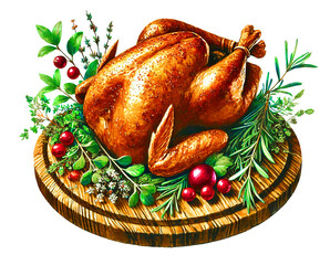 A beautifully arranged Thanksgiving dinner table with a golden roasted turkey, seasonal sides, and warm candlelight., captured using generative AI. Clipping path.