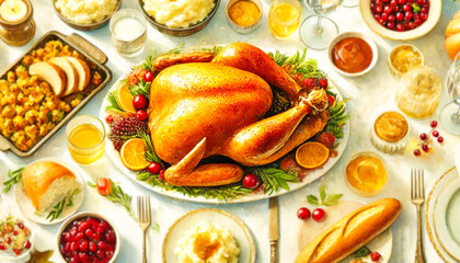  beautifully arranged Thanksgiving dinner table with a golden roasted turkey.
