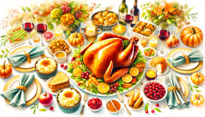  beautifully arranged Thanksgiving dinner table with a golden roasted turkey.