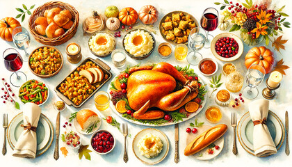  beautifully arranged Thanksgiving dinner table with a golden roasted turkey.
