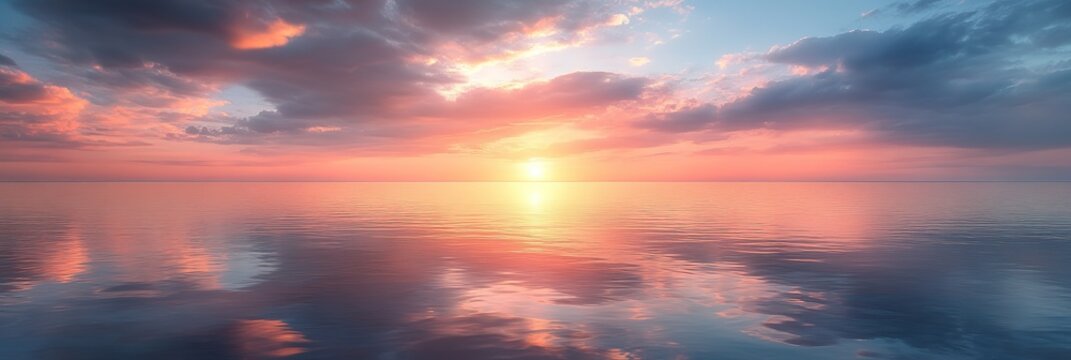 Sunset view, Dark Cloudy nature with serene atmosphere by warm colors reflecting on calm sea at sunset, Full HD, 32 k Resolution, wide background	

