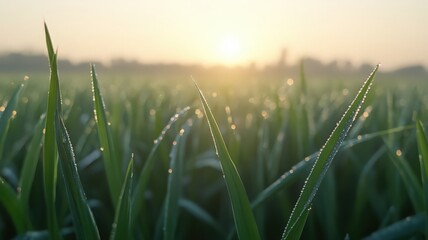 Fototapeta premium Sunrise Over Dew-Kissed Grass Field
