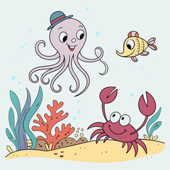 funny composition of marine life for your coloring book