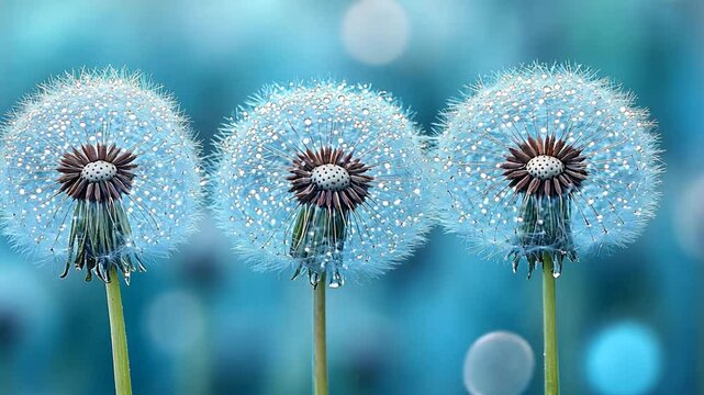 Three vibrant blue dandelions in a soft bokeh background, ideal for a nature or springtime theme