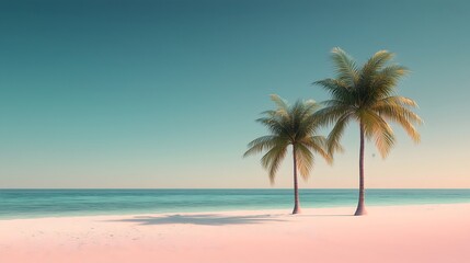 Fototapeta premium Minimalist digital art of a tranquil beach with palm trees and a peaceful ocean at sunrise