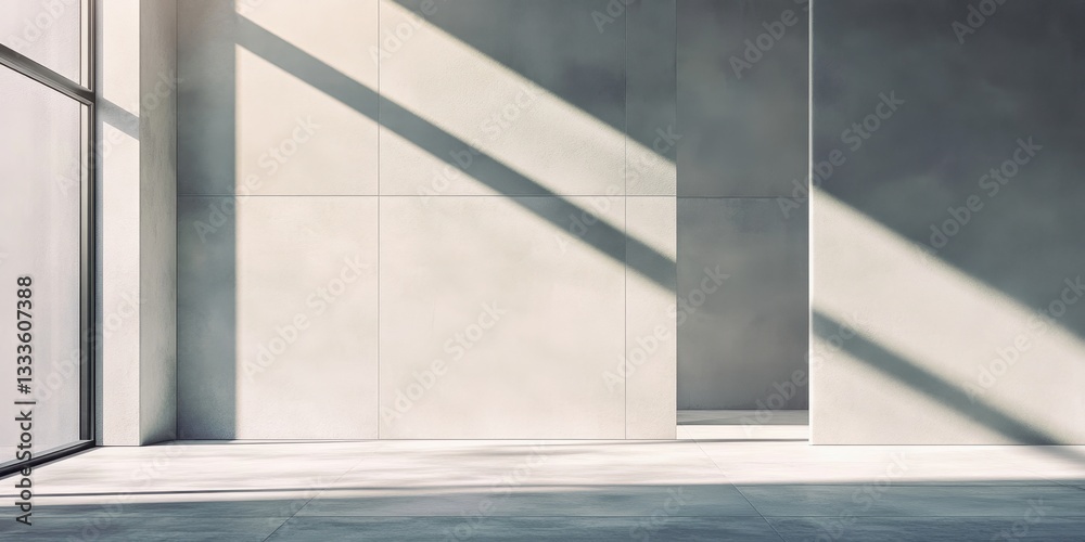 Poster sunlight and shadows: an interior minimalist space is flooded with natural light, casting striking s