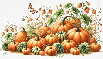 A delightful pumpkin patch with pumpkins of various sizes and shades, surrounded by lush green vines and golden wheat. Isolated on white background. Created using generative AI.