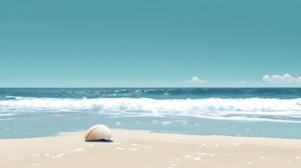 Minimalist beach landscape capturing serene waves and a lone seashell under a clear sky