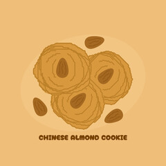 National Chinese Almond Cookie Day to celebrate on April 9th. Illustration of three cookies topped with almonds on beige background. Food event banner.
