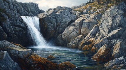 Coastal Waterfall Cascading into Rocky Pool