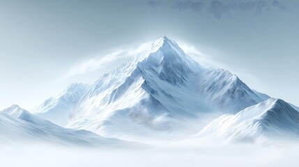 Minimalist digital art depicting a majestic mountain landscape under a soft, serene sky