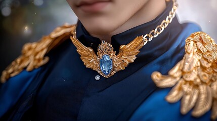 Close-up of ornate gold necklace and epaulets on a person's blue jacket.