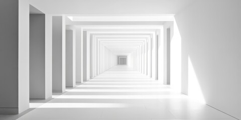 Obraz premium Geometric Perspective: An eye-level view of a long, symmetrical hallway with a minimalist design. Clean, geometric shapes and repeating patterns are visible and bathed in natural light. 