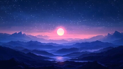 Minimalist digital art captures a tranquil night sky with a glowing moon above serene mountain silhouettes