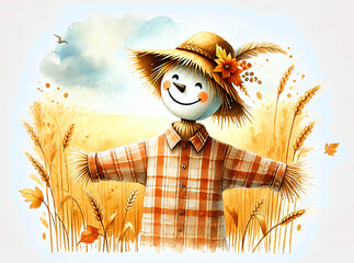 A cheerful scarecrow with a plaid shirt and straw hat standing in a golden wheat field, evoking the essence of autumn. Isolated on white background. Created using generative AI.