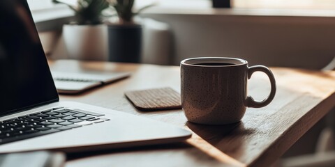 Workspace essentials: A top-down view presents a laptop, a steaming cup of coffee, a coaster, and potted plants, creating a warm and inviting home office atmosphere.