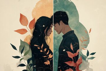 Aesthetic digital painting of two lovers in harmony, blending nature and emotion.  