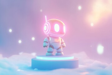 A cute, glowing robot stands on a pastel platform in a dreamy, cloud-filled scene.