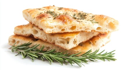 A stack of focaccia bread, sprinkled with herbs and accompanied by fresh rosemary, is presented against a white background.