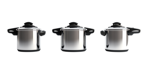 A row of three stainless steel pressure cookers with black handles sits ready for kitchen product photography on transparent background.