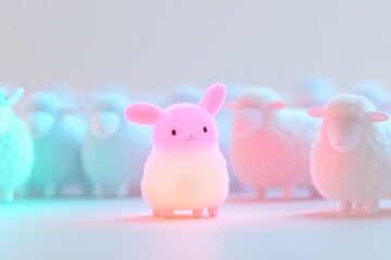 A fluffy pink bunny stands out among a group of pastel-colored sheep.