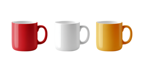Three ceramic coffee mugs in vibrant red, plain white, and bright yellow are arranged horizontally for beverage advertising copy space.