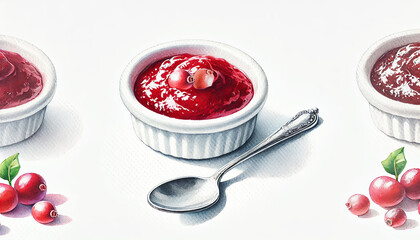 A small dish of homemade cranberry sauce with fresh cranberries, showcasing its rich color and glossy texture. Isolated on white background. Created using generative AI.