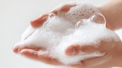 Fototapeta premium Hands holding soap bubbles for cleaning.
