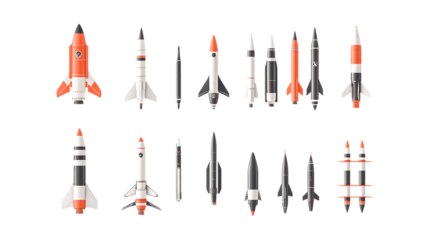 A diverse collection of vintage-style model rockets and missiles showcases various aerospace designs isolated on transparent background.
