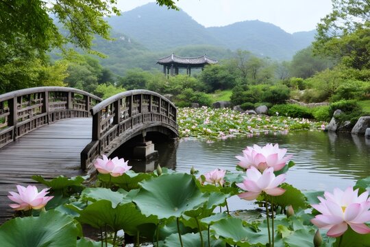 Wooden bridge crossing pond with blooming lotuses in South Korea - Powered by Adobe