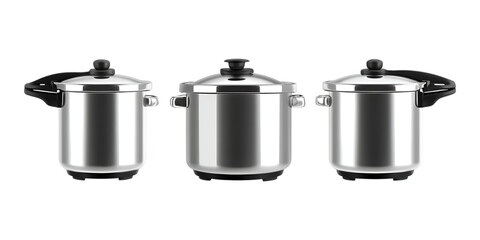 Three polished metal pressure cookers are presented side by side showing different capacity options isolated on a transparent background for retail