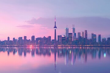 Obraz premium Toronto Skyline: A breathtaking view of a modern city skyline at dusk, showcasing stunning architecture and urban beauty reflected in the serene water.
