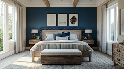 Sunshine Coast style bedroom, featuring blue themed walls, striped bedding, wooden bed frames, navy blue brick walls, and light colored wooden floors, creating a peaceful oceanic atmosphere.