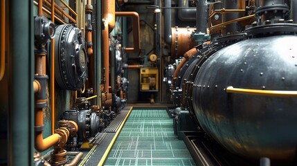 Fototapeta premium Industrial Boiler Interior View with Pipes and Machinery Details