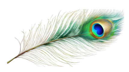 A detailed peacock feather with shimmering colors on a transparent background