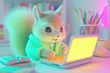 A cute squirrel wearing glasses works on a laptop in a brightly lit room.