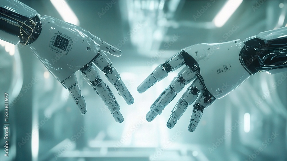 Poster robotic hands engaging in microchip assembly within clean environment