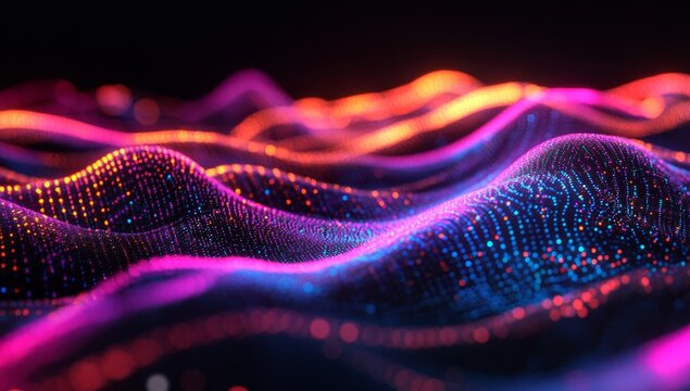 Abstract digital landscape of glowing particles.  A mesmerizing display of vibrant colors, undulating patterns and detailed, glowing particles.  Fluid, futuristic design
