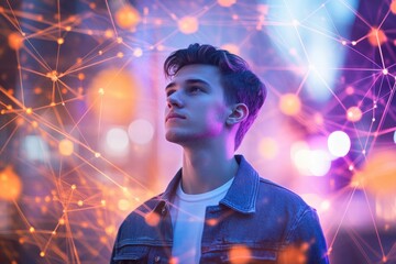 Young man gazing upwards, enveloped by a vibrant network of interconnected nodes, symbolizing digital connectivity and futuristic technology.
