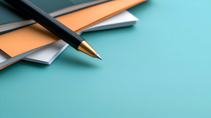 Close-up of Black Pen on Stack of Notebooks on Teal Background