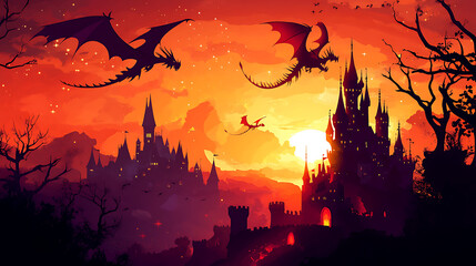 Majestic dragons soaring over a mystical castle at sunset, with a vibrant sky and distant mountains