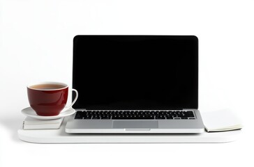 Fototapeta premium Minimalist workspace with a sleek laptop, notebook, and cup of tea,