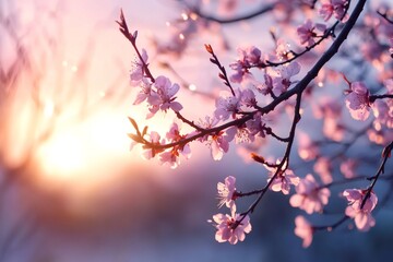Obraz premium Pink flowers blooming on branch at sunset creating beautiful spring scene
