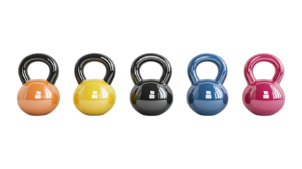 Five colorful kettlebell weights in orange, yellow, black, blue, and pink are lined up for fitness promotion against a transparent background.