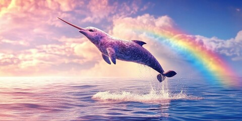 Obraz premium Whimsical Unicorn of the Sea: A narwhal, the unicorn of the sea, leaps playfully from the ocean against a backdrop of a colorful rainbow and dreamy clouds.
