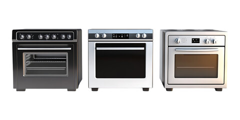 Obraz premium Three kitchen ovens in black, white, and silver variations are displayed in a row isolated on a transparent background for advertising.