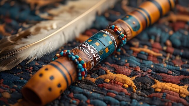 Close-up of a Native American peace pipe showcasing intricate designs and vibrant colors on a textured textile background