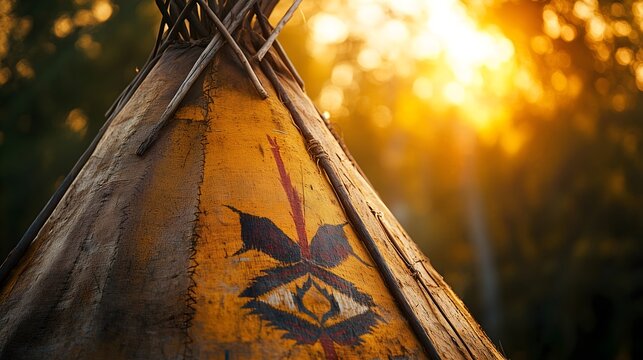 Close-up view of Native American teepee with vibrant colors and poles during sunset in natural setting