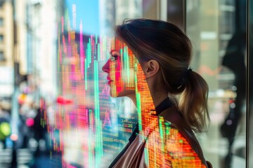 A woman observes financial data displayed on a screen, symbolizing investment and market analysis.
