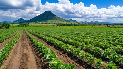 Lush Green Crop Rows in a Picturesque Agricultural Landscape Under a Partly Cloudy Sky